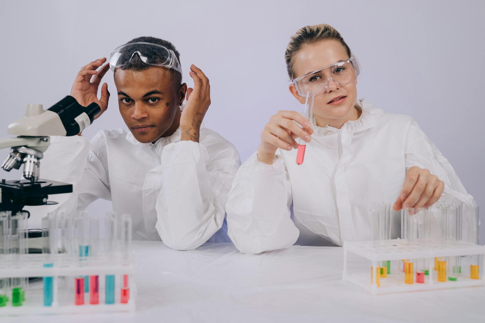 Young scientists in lab coats working with test tubes and a microscope in a laboratory setting.